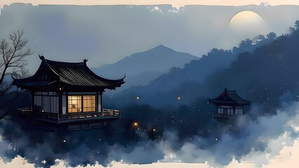 Minimalist Abstract Chinese Ink Background - Moonlit Pavilion Scene (Mountain View)