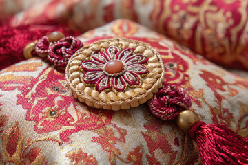 handmade peacock theme rakhi on cushion display, correct details of rakhi ,Indian fabric background.