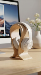 Photo of stylish white headphones rest on a natural wood stand on a wooden desk, with a computer monitor and delicate white flowers in a vase in the background, creating a serene workspace