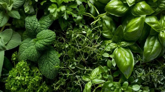 A variety of fresh green herbs and leaves in close-up. Perfect for cooking blogs, healthy eating and gardening materials, as well as for advertising natural products.
