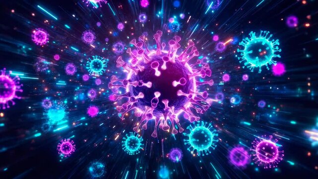A vibrant fluorescent depiction of micro-organisms, radiating neon light amidst energetic cybernetic streams in a dark expanse.