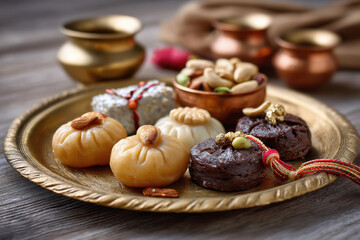 Rakhi or wristband in decorated thali with sweets