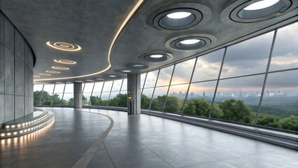 Modern architectural interior with panoramic city views at dusk