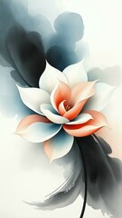 A surreal abstract flower with soft flowing petals in pastel blue, cream, peach, and coral red, appearing to bloom mid-air with fluid brush strokes and a gentle gradient background.