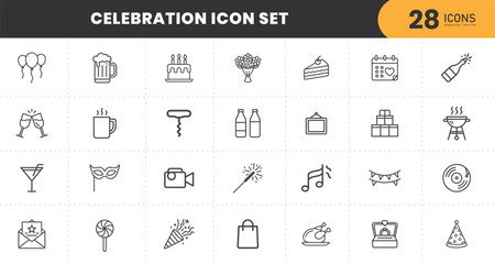  Celebration Icon Set – 28 Modern Thin Line Style Vector Icons Featuring Party Elements Such as Balloons, Beer Mug, Birthday Cake, Gift Boxes, Fireworks, Champagne Bottle, Cocktail Glass, BBQ Grill.
