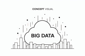 A white cloud with "BIG DATA" text, surrounded by abstract lines and dots, set against a city skyline, titled "CONCEPT VISUAL".