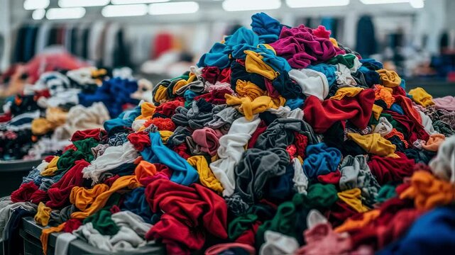 Overflowing bins of colorful fabric waste illustrating challenges in garment production.
