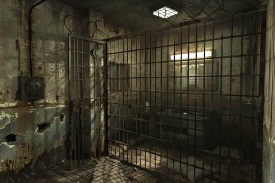 Old, decaying prison cell with metal bars, a sink, and peeling paint, evoking a sense of despair and captivity
