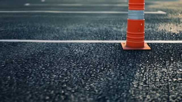 Top view of a wet asphalt road with markings and orange traffic cone. Suitable for driver training, advertising automotive products, discussing road conditions.
