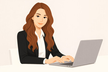A woman with long reddish - brown hair, wearing a black blazer and white shirt, is using a laptop.