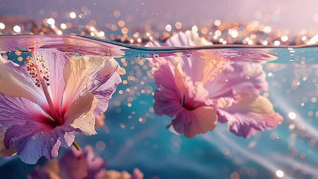 Delicate hibiscus flowers drift across tranquil waters, their vibrant spring hues capturing the quiet beauty of love.