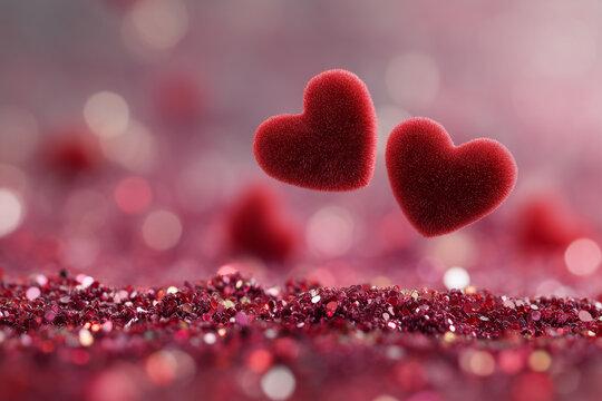 Fuzzy red hearts floating over glitter bokeh