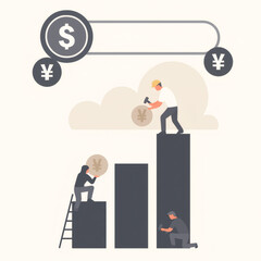 Illustration showing a person working on a bar chart, with dollar and yen symbols above, symbolizing financial analysis and business progress.