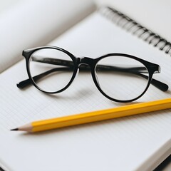 Black glasses and yellow pencil on open notebooks for writing and creativity