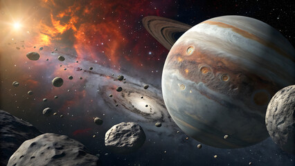 Jupiter and its moons orbit a distant galaxy with glowing nebulae