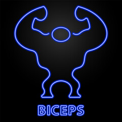 biceps neon sign, modern glowing banner design, colorful modern design trend on black background. Vector illustration.
