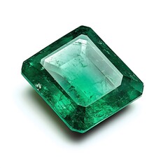 Brilliant square-cut green emerald gemstone on white background