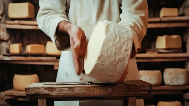 Senior cheesemaker proudly presenting a wheel of cheese in a cellar, surrounded by shelves of aging cheese