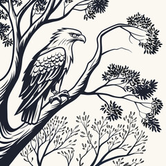 Majestic eagle perched on a dark tree branch with foliage bird of prey