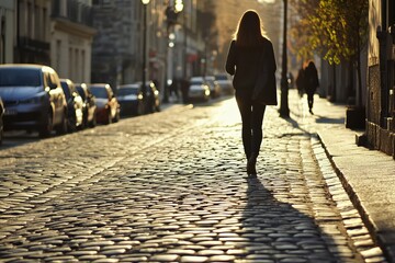 Golden hour solo city stroll on cobblestone street, young woman silhouette with backpack walking alone, warm evening light and nostalgic urban atmosphere
