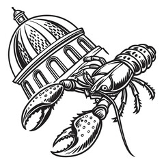 Detailed ink stroke lobster with architectural dome crustacean seafood