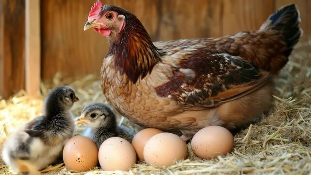 Brown hen is sitting on her nest with fresh eggs and two baby chicks in a chicken coop