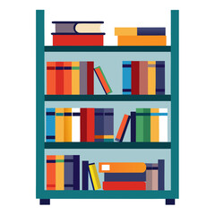 Teal bookshelf filled with colorful books orange