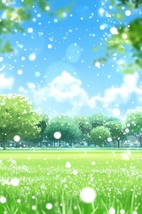 Obraz premium Serene Green Park Scenery with Blue Sky, Lush Trees, and Sparkling Meadow for Peaceful Backgrounds