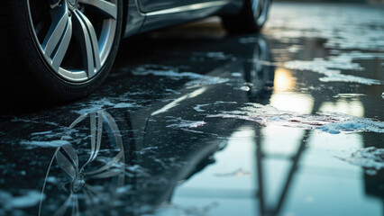 Close up of car wheel and tire on wet surface with reflections of building and sky in the water with foam
