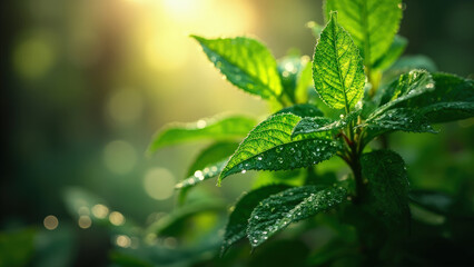 Close up of vibrant green leaves with water droplets illuminated by soft sunlight in a natural outdoor setting