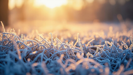 Close up of frosted grass blades with sunlight creating a warm golden glow in a blurred natural outdoor setting