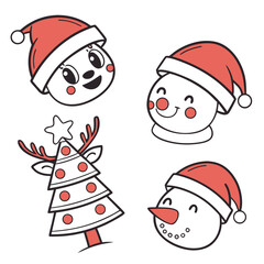Merry Christmas characters and festive tree santa hat snowman