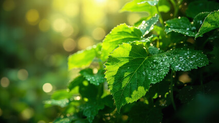 Close up of vibrant green leaves with water droplets illuminated by sunlight creating a natural bokeh effect in a garden setting