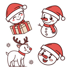 Cute christmas characters wearing santa hats with gift and snowflakes snowman reindeer