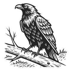 Majestic eagle perched on weathered branch bird wood