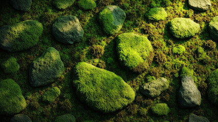 Close up view of green moss covered rocks and patches of brown moss creating a textured natural background