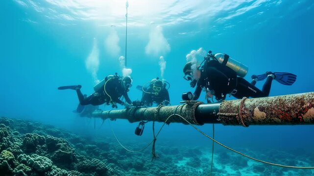 Three commercial divers working underwater are inspecting an old rusty pipeline running along a coral reef, ensuring its structural integrity and preventing potential environmental hazards