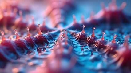 Enigmatic microscopic formations, a captivating dance of vibrant colors and intricate textures in a surreal aquatic landscape