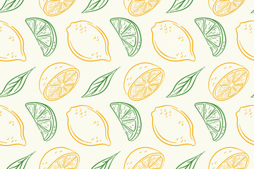 Colorful lemon pattern with citrus fruit and juicy slice in line art style. Seamless background for packaging, wallpaper, kitchen print or fresh summer design.