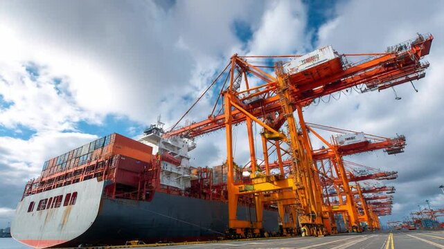 Seaport of Global Commerce: The grandeur of a vast cargo ship and towering cranes signifies global trade and commerce, under a dramatic sky, capturing the essence of international logistics.