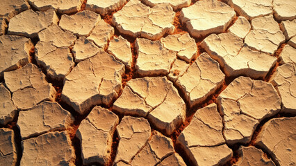 Close-up view of cracked earth with tan and brown tones showing drought conditions and arid landscape texture