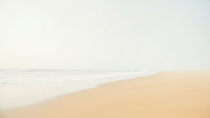 Coastal landscape with a sandy beach and ocean waves under a bright overcast sky creating a minimalist aesthetic