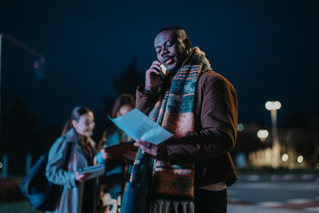 A diverse group of businesspeople working together outdoors at night, symbolizing professional...