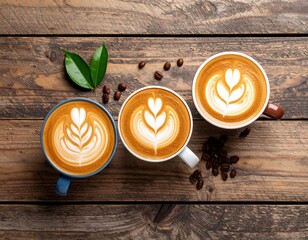 Three Latte Art Cups On Wooden Table