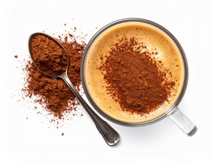 Top View Of Coffee In Glass Cup With Chocolate Powder