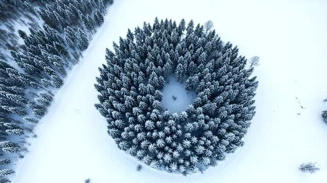 Aerial View of a Circular Forest in Winter Covered with Snow Drone Footage