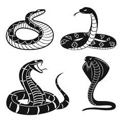 Four black snake silhouettes coiled striking serpent