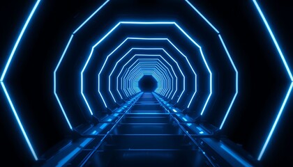 A futuristic tunnel with bright blue neon octagonal lights illuminates a dark pathway.