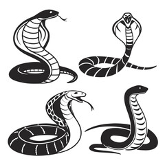 Four black cobra snake silhouettes coiled striking