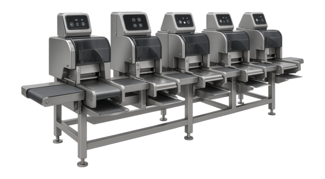 Automated skinning line with multiple stations and synchronized operation for high throughput in a seafood factory